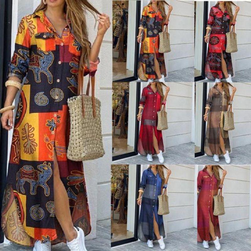 

2023 Fashion Long Sleeve Shirt Skirt Long Dress Long Dress Khakis Gingham 2XL