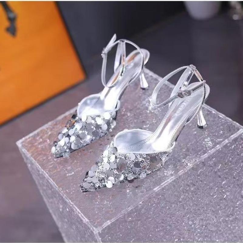 Fashion 2025 New  French High Heels Women's New Stiletto Pointed Toe Hollow Sandals Fashion Sequin Heeled Sandals Sanda