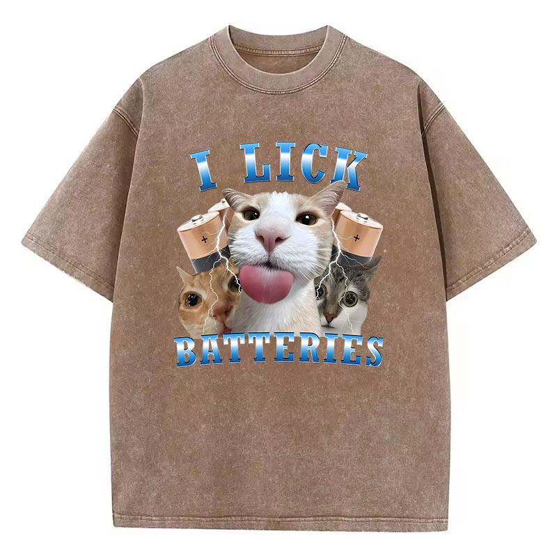 

Fashion T Shirt Vintage Washed Cotton T-Shirt I Lick Batteries Funny Cat Graphic Tee Casual Streetwear Spring Summer shirt S