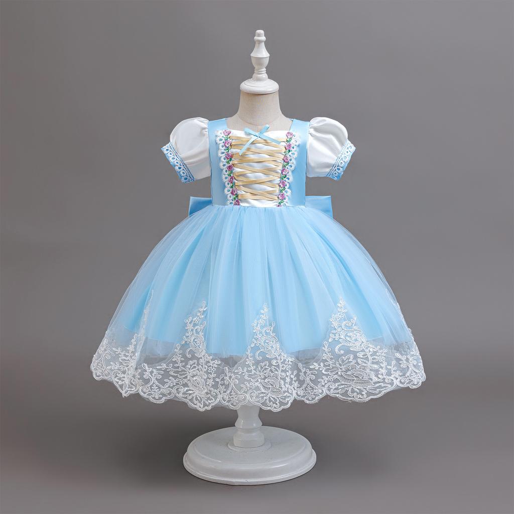 Children's Bow Girls Dress Rapunzel Mesh Dress Sleeping Beauty Bubble Sleeve Dress Dress