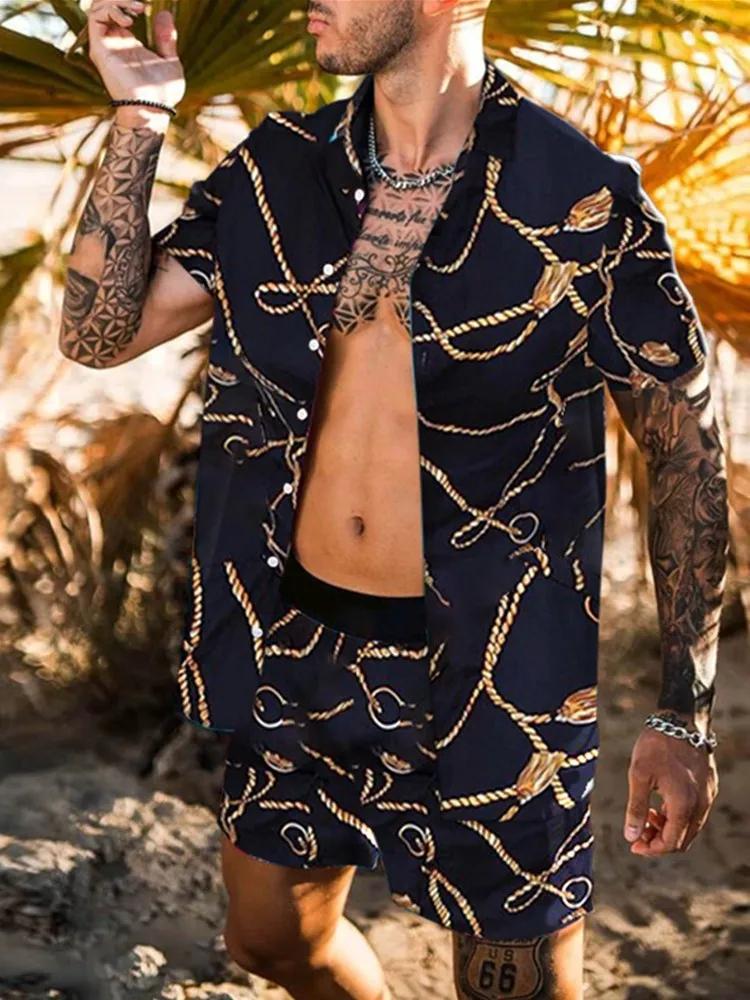Summer Men's Fashion Leopard Print Short Sleeve Shirt And Shorts Set Beach Style T Shirt Breathable Shorts Two Piece Set