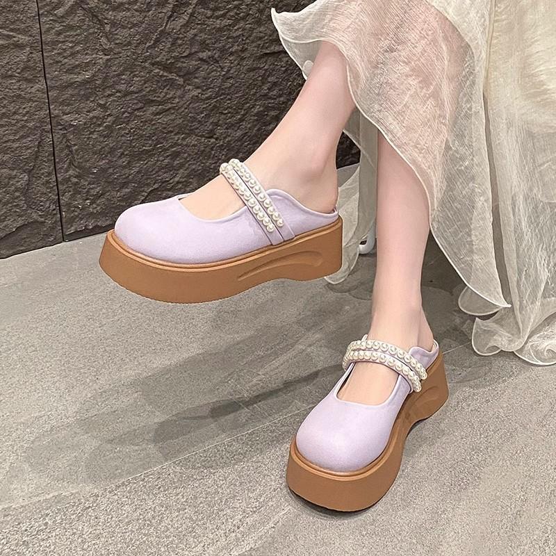 Baotou half slippers women's outer wear spring and summer new pearl thick-bottomed Mary Jane cool slippers