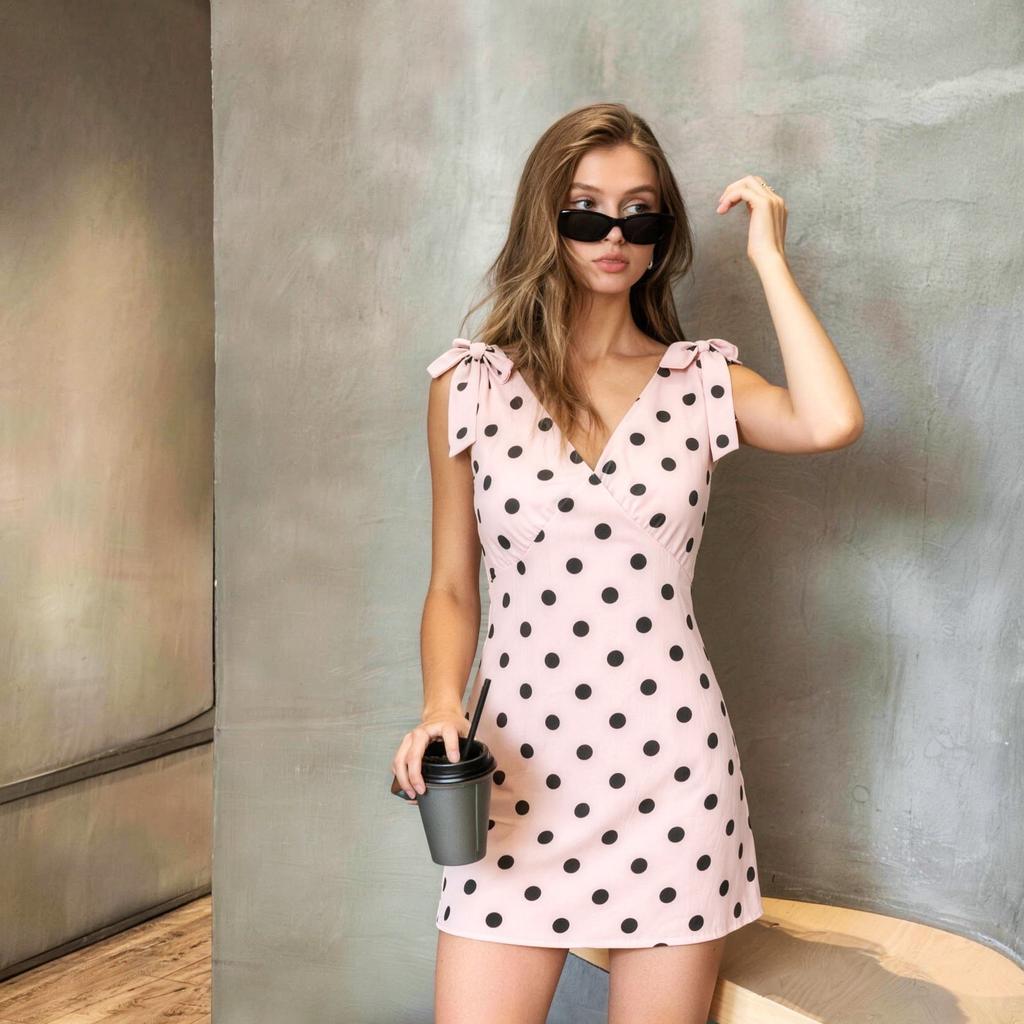 Abbigliamento da donna europeo e americano per le vacanze slim fit sexy scollo a V profondo pois vita alta fiocco vestito gonna corta