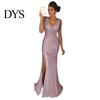 Bride Wedding Dress Women Evening V Neck Mesh Patchwork Sequin Sleeveless Split Hem Formal Attire Mermaid Shape Slim Fit Prom Party Banquet