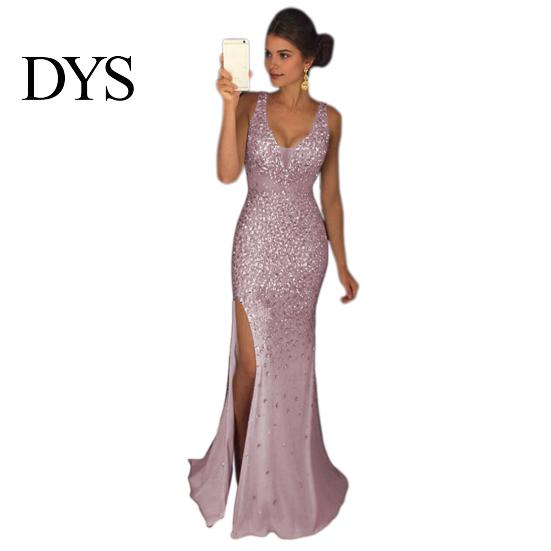 Bride Wedding Dress Women Evening V Neck Mesh Patchwork Sequin Sleeveless Split Hem Formal Attire Mermaid Shape Slim Fit Prom Party Banquet