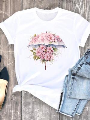 (Tamanho asiático)  Roupa Doce Flor em Aquarela Casual Camiseta de Gola O Top Mulheres Manga Curta Camiseta Estampa da Moda Senhora Feminina Camisetas Gráficas