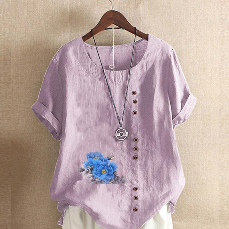 Women's Fashion Round Neck Short Sleeve T-shirt Casual Cotton Linen Graphic Shirt Leisure Loose Blue Flower Prined Summer Blouse Tops