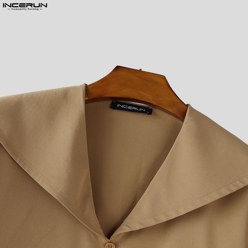 INCERUN Two Pieces Men Sailor Collar Long Sleeve Shirts Long Wide Legs Pants Sets Outfits