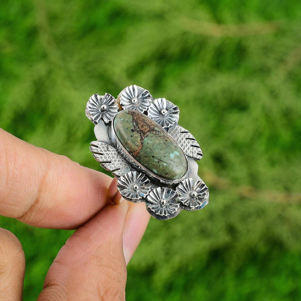 Natural Tibetan Turquoise Stackable Flower Blue Adjustable Ring 925 Silver
