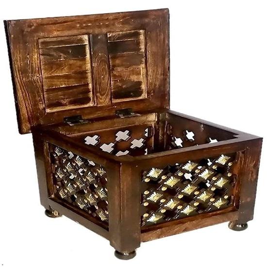 30.48 Cm Handmade Beautiful Wooden Stool with Brass Cutting Design Storage for Living Room Bedroom Furniture