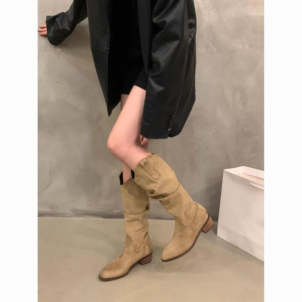 Retro Brown Chunky Heel V-Cut Mid-Calf Boots, Women's Autumn Pointed Toe Western Cowboy Style.