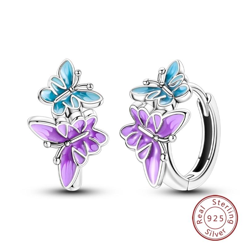 New 925 Silver Colorful Butterfly Dragonfly Iris Flower Earrings For Women Fashion Birthday Party Jewelry Gifts