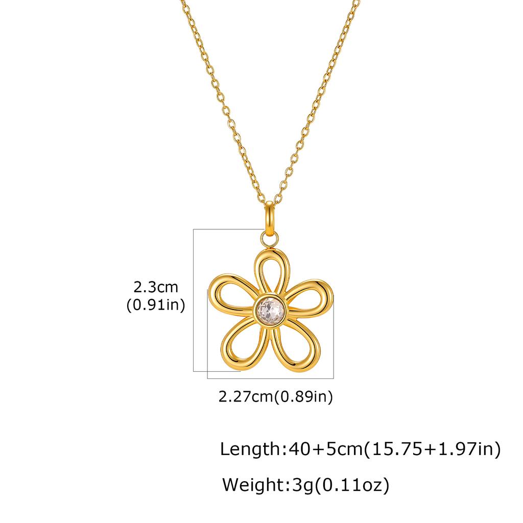 French Vintage Flower Necklace Zircon Stainless Steel Gold Color Hollow Floral Pendant Necklace for Women Non-Tarnish Jewelry