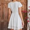 Elegant temperament solid color dress, European and American sexy deep V-neck waist ruffle edge flying sleeves A-word short skirt