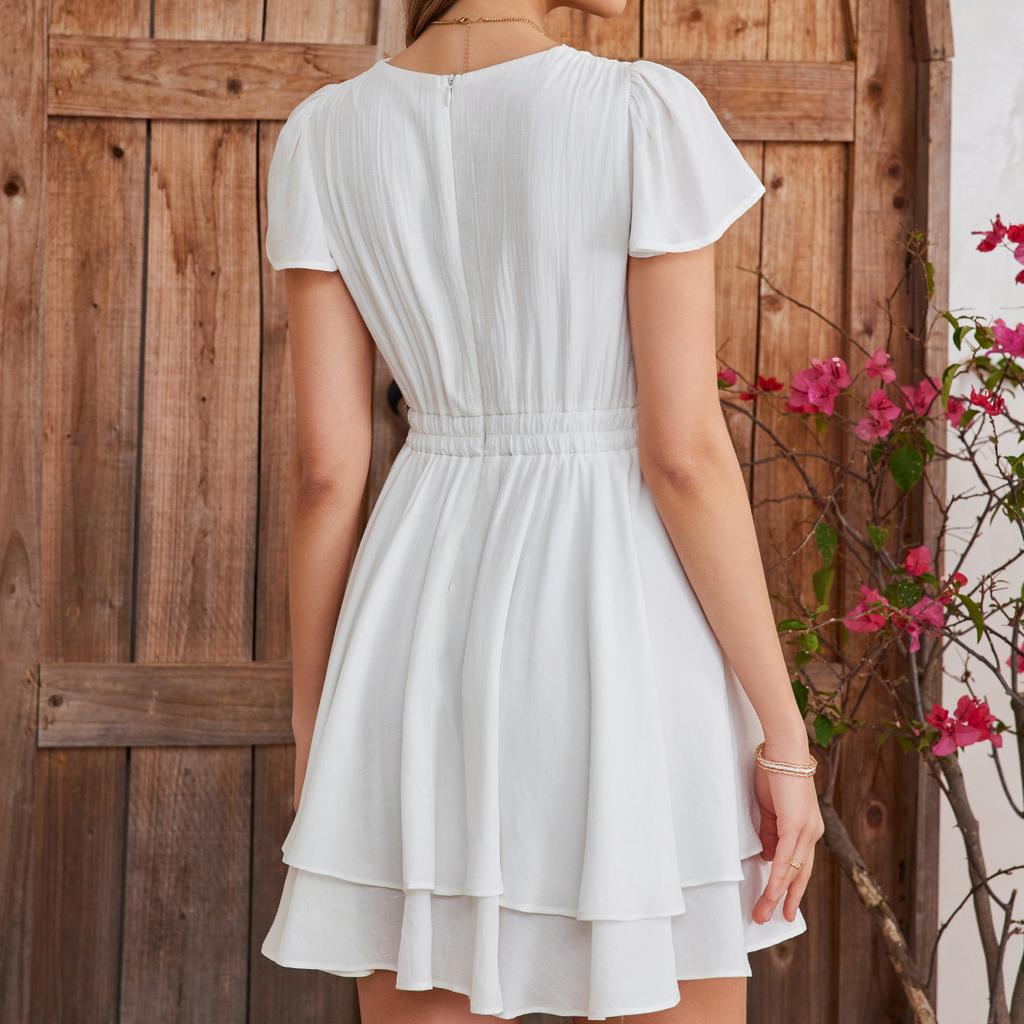 Elegant temperament solid color dress, European and American sexy deep V-neck waist ruffle edge flying sleeves A-word short skirt
