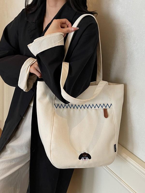 Casual Striped Embroidered Canvas Shoulder Bag - Autumn/Winter 2025 Trendy Student Design