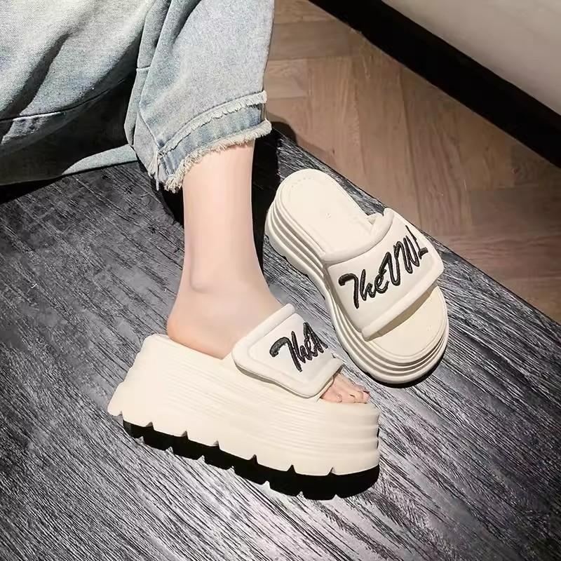 Summer new Velcro muffin thick bottom heightening one-word slippers women wear casual vacation cool slippers tide