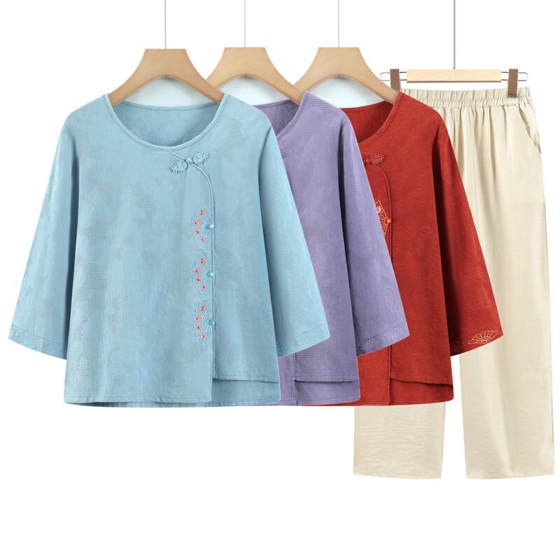Elderly Women's Summer Cotton Linen Mid-Sleeve T-Shirt & Top Set