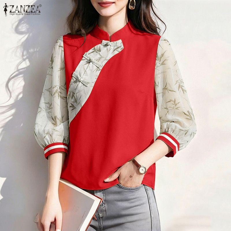 ZANZEA Women Casual Splice 3/4 Sleeve Stand Collar Loose Blouse