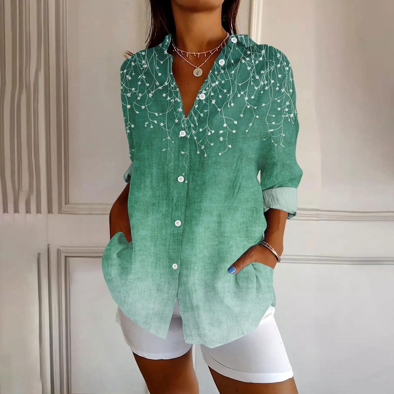 

Женская рубашка на пуговицах Рубашки с длинным рукавом для женщин Принт Графический Блузка Топ L зелёный