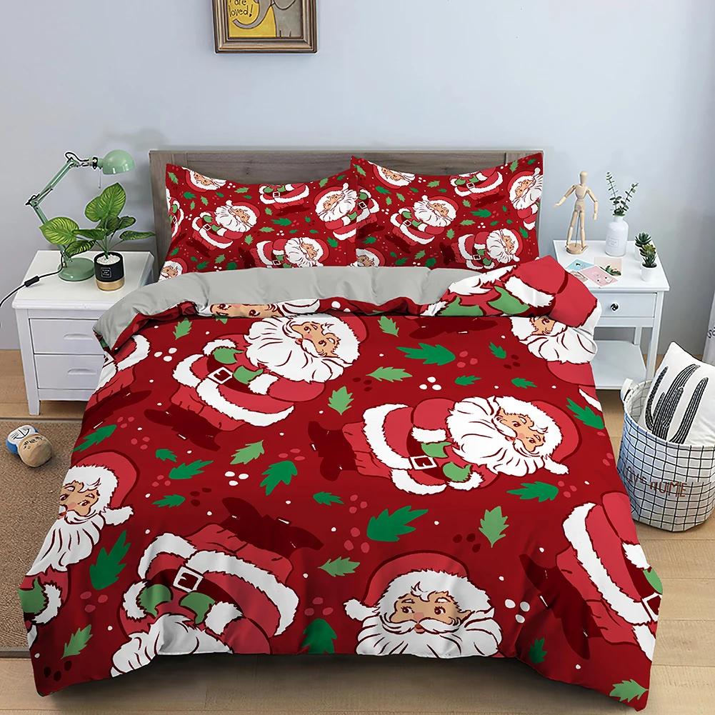 Red Merry Christmas King Queen Duvet Cover Kids Christmas Quilt Cover Santa Claus Bedding Set 1/2Pcs Microfiber Comforter Cover