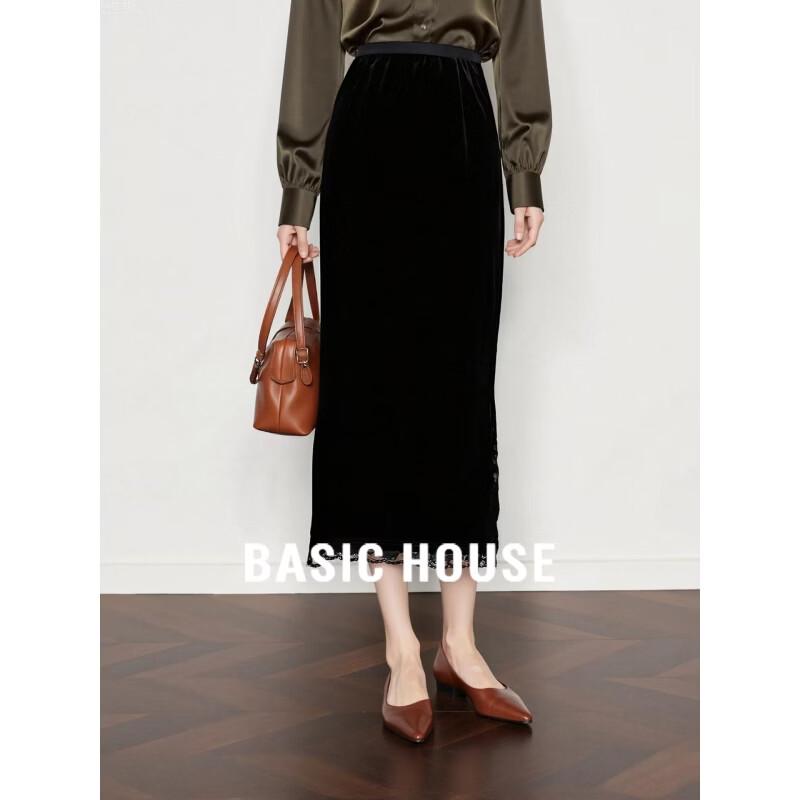 Basic House French Black Velvet Lace A-Line Skirt M