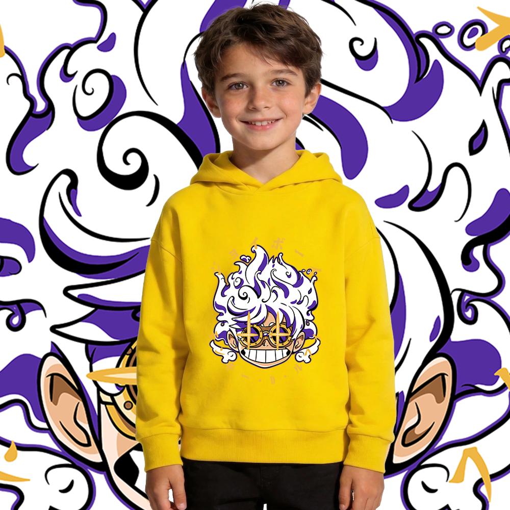 Anime One Piece Luffy Gear 5 Print Hoodie Kids Pullover Hooded Sweatshirt Autumn Winter Streetwear Children Tops