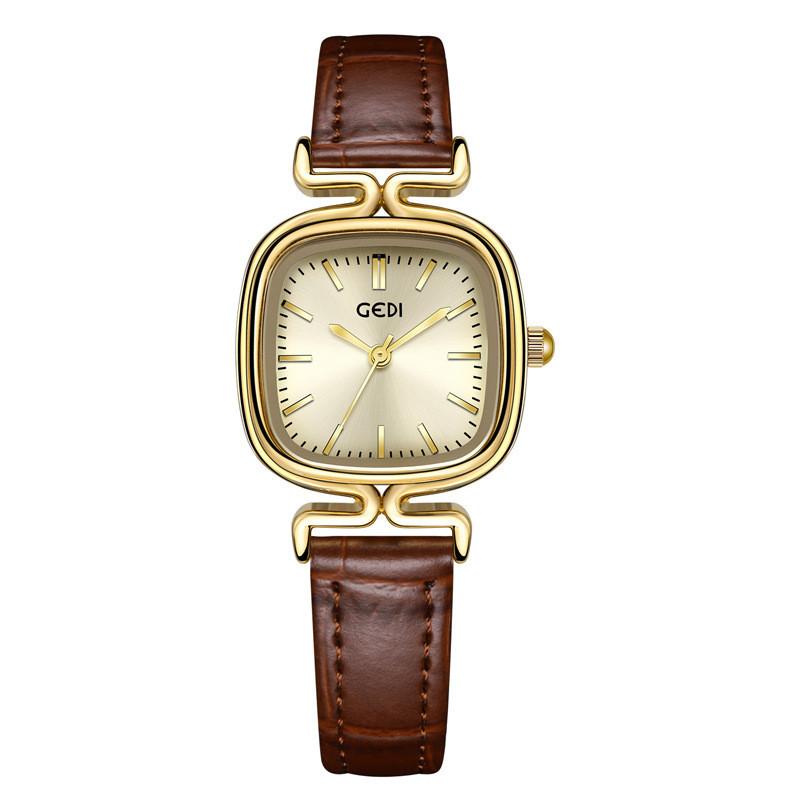 Vintage Small Square Leather Womens Watch With Quartz Movement For Elegant Ladies Gold Black