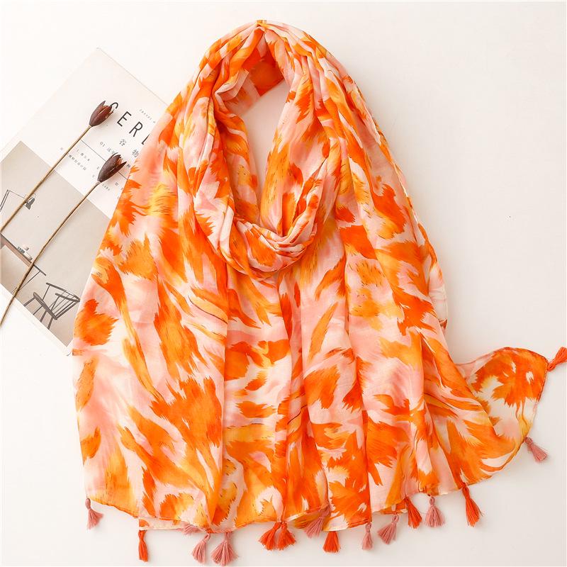 Bali Yarn Cotton-Linen Scarf: Fresh Solid Color, Fruit Green & Bright Yellow Leaf Print with Tassel Detail