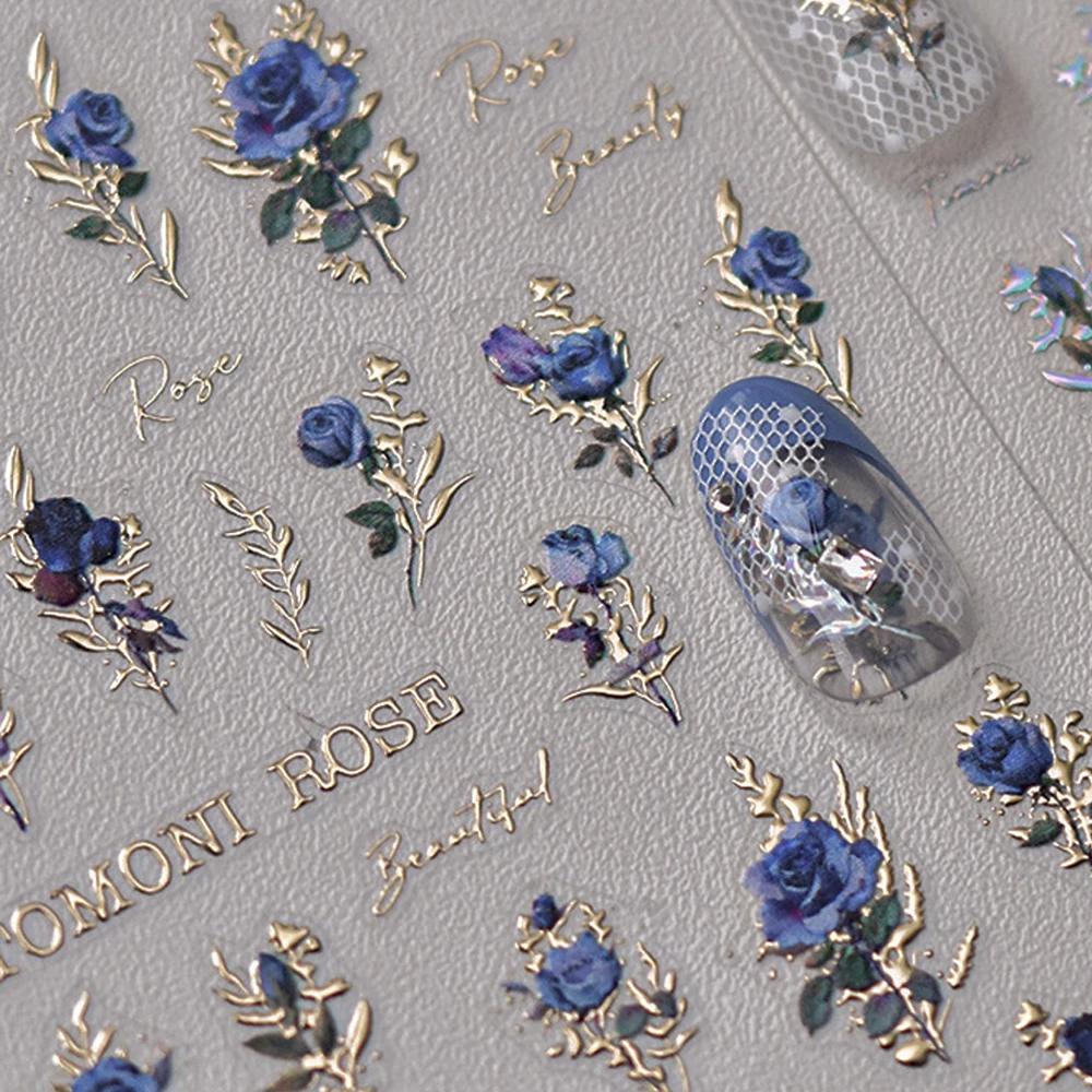 Oriental Blue and White Porcelain Nail Art Sticker Delicate Gold Outline Floral Nail Art Chinese Vintage Ceramic Manicure Decal