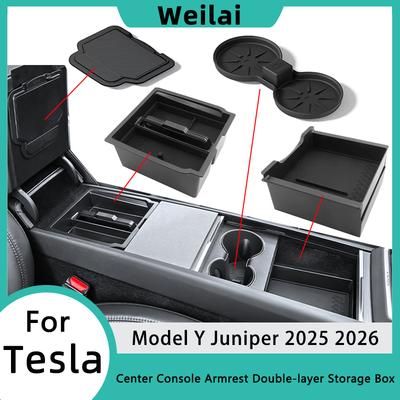For Tesla Model Y 2025 2026 Juniper Storage Box ABS Center Console Armrest Double-layer Storage Box Organizer Tray Accessories