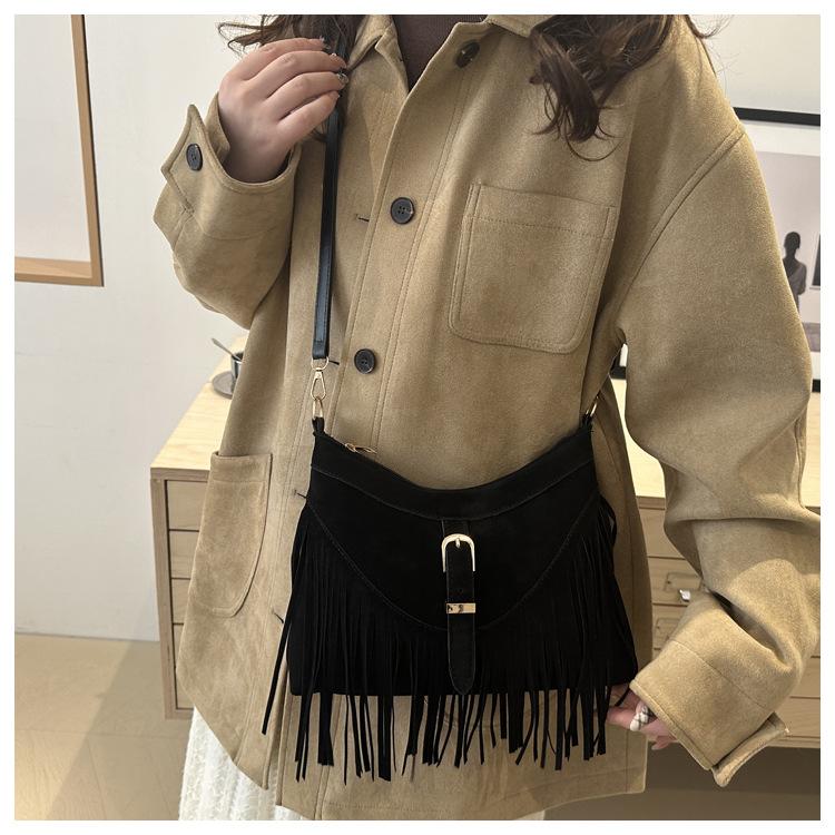 Korean Style Suede Faux Leather Square Bag Tassel Fringe Crossbody Shoulder Purse for Women
