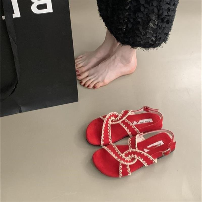 2025 summer new foreign style cross word with flat bottom retro ethnic style sandals casual beach Roman shoes
