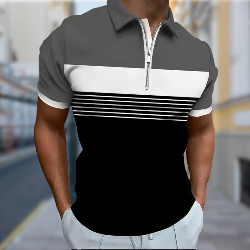 Men's Shirt Polo Casual Zip Short Sleeve Fashion Casual Zipper Summer Spring Regular Fit Natural Color Splicing 3D Print Shirt