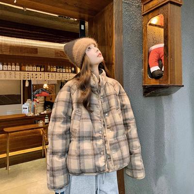 Vintage Style Plaid Short Down Cotton Coat for Women Winter Updated Thickened Short Puffer Coat Cotton Coat