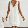 A-line Summer Casual Skirt Embroidery Solid White Dress Fashion V-Neck Lace Dress  Spring Summer