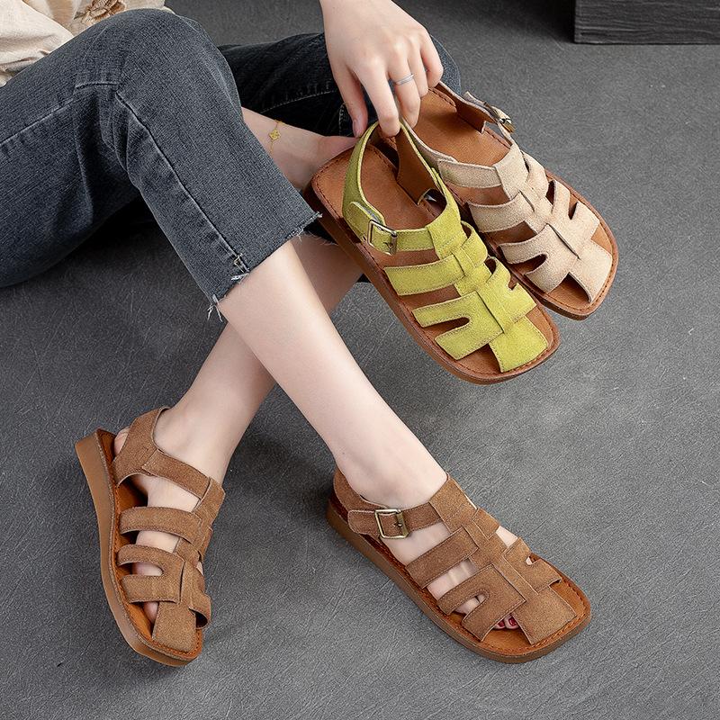 Fashion GKTINOO Wide Toed Flat Sandals 2025 Summer New Retro Genuine Leather Comfortable Soft Sole Versatile Women's Shoes