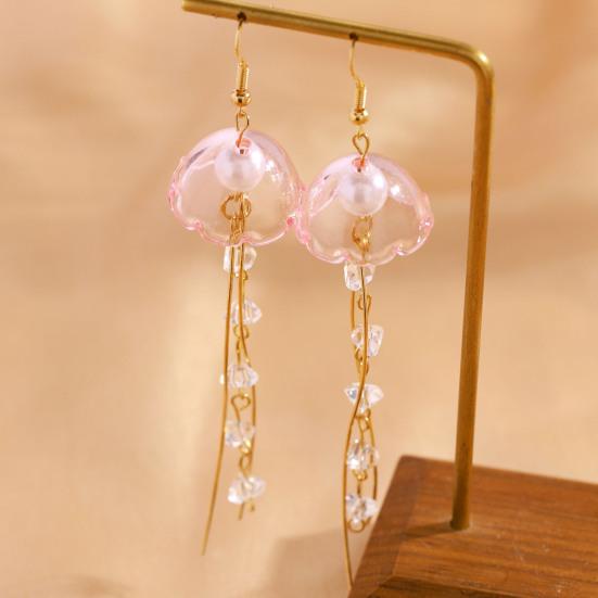 1 Pair Hook Earrings, Jellyfish Design Long Draped Tassel Earrings, Translucent Imitation Pearl Beads Drop Earrings for Beach Vacations Daily Wear