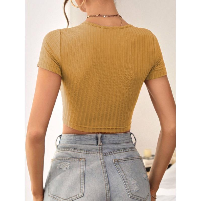 Women Sexy V Neck Slim Fit Cropped Short Sleeve Knit Solid T Shirt