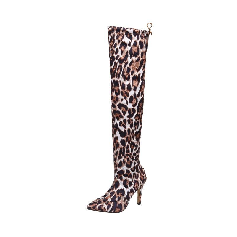 Women'S Boots Over The Knee Boots Autumn And Winter European And American Large Size Leopard Print Pointed Sexy High Heels Over The Knee Elastic Boots
