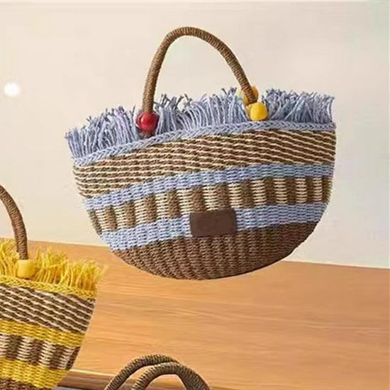 2023 Handmade Woven Straw Bucket Bag: Cute Picnic Basket with Tassel and Wood Bead Decoration