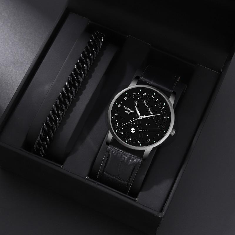 

2 шт./компл., модные мужские деловые кварцевые наручные часы с кожаным ремешком из искусственной кожи и набор браслетов, лучшие подарки для него