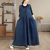 Plus Size Korean Fashion Autumn Spring Women Tank Dress O Neck Baggy Casual Loose Blue Denim Sundress Sleeveless Basic Maxi Long Dress L-3XL