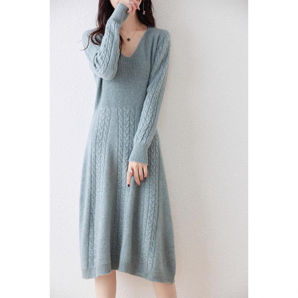 Women's Extra-Long V-Neck 100% Wool Knitted Dress with Thickened Waist-Cinching Skirt - Autumn/Winter Collection