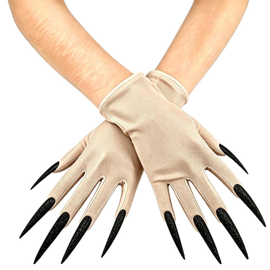 Dark Gloves with Long Nails for Halloween Witch Party, Short Stretch Fit