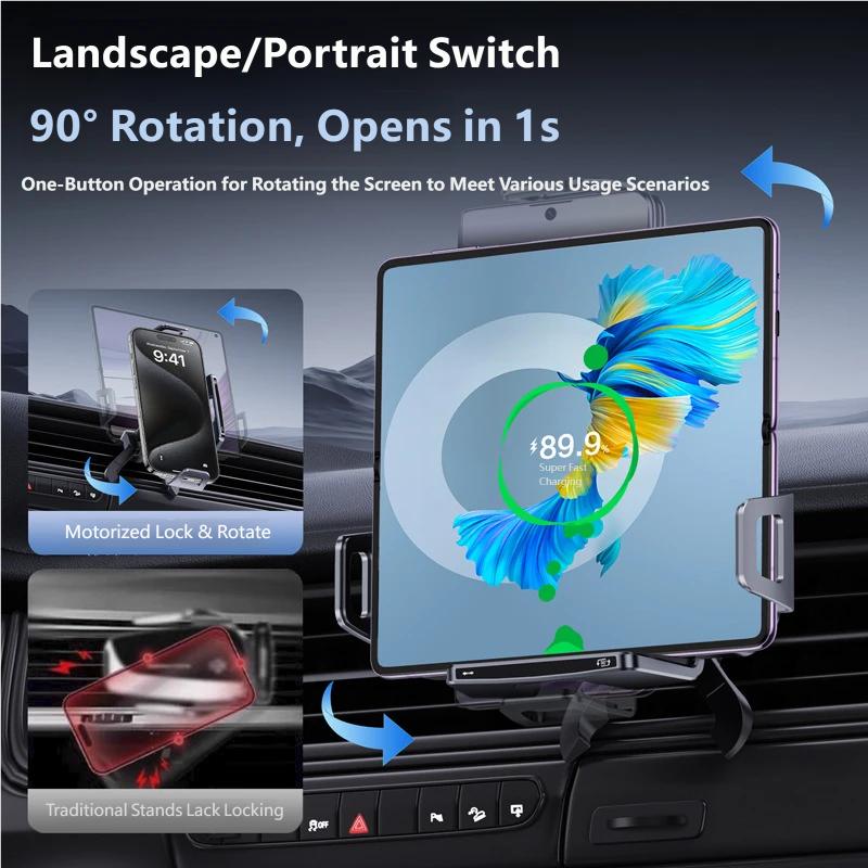 Wireless Car Charger Mount for OPPO Find N5 Honor Magic V2 Foldable Phone, 15W Qi Fast Charging Air Vent Auto-Clamping Phone Holder Stand