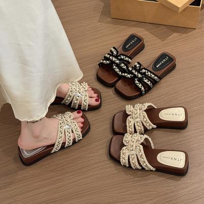 Pearl Hollow Open-toed Wedge Heel One-word Fashion Casual Sandals Summer Retro Low-heeled Slippers Women's Outerwear