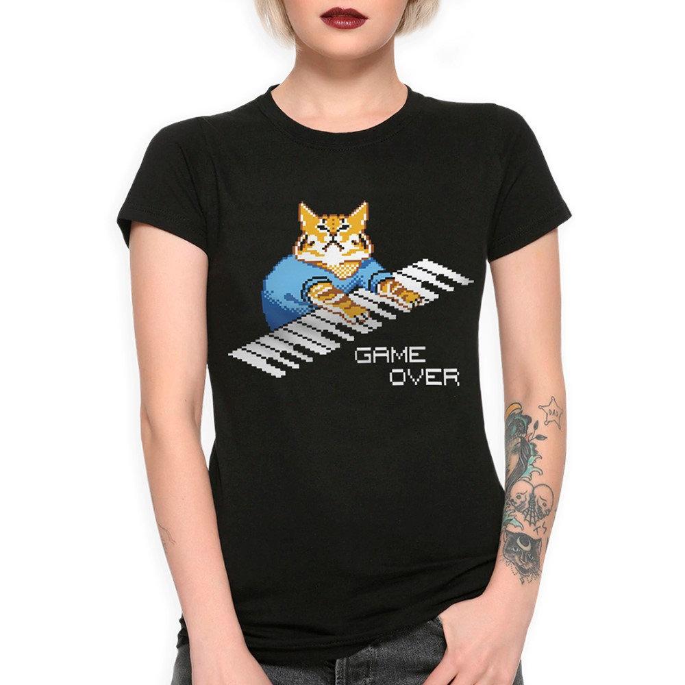 Keyboard Cat Game T-shirt Fun Printed Cotton Couple Short Sleeves for Men and Women