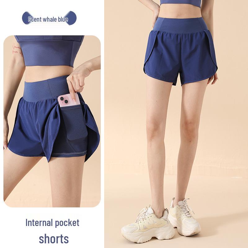 Damen Sportshorts mit hohem Bund: Fake Zweiteiler, Anti-Exposition, Lockere Passform, Seitentasche, Hüfthebung, Für Laufen & Yoga