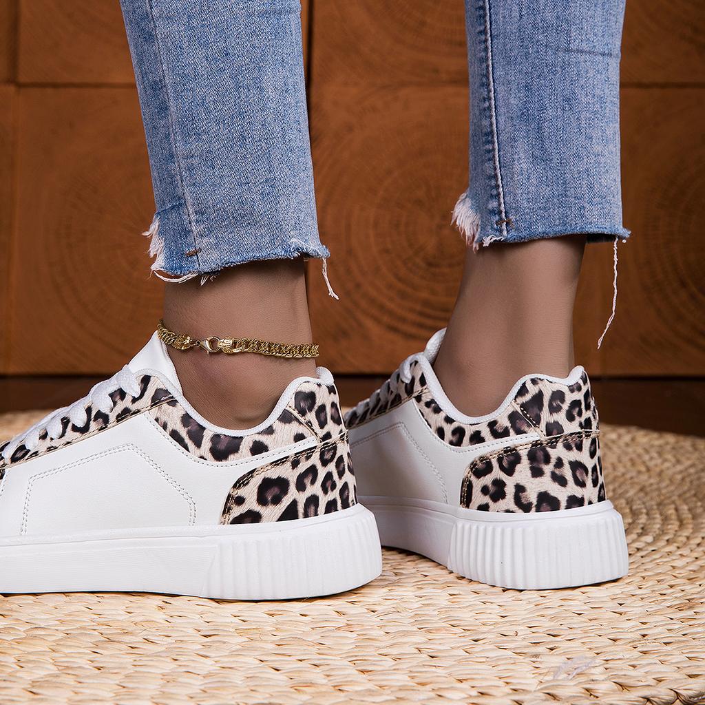 Women Leopard Print Skate Sneakers Low Top Lace Up Walking Shoes Casual Street Fashion Daily Travel Footwear Everyday Comfortable